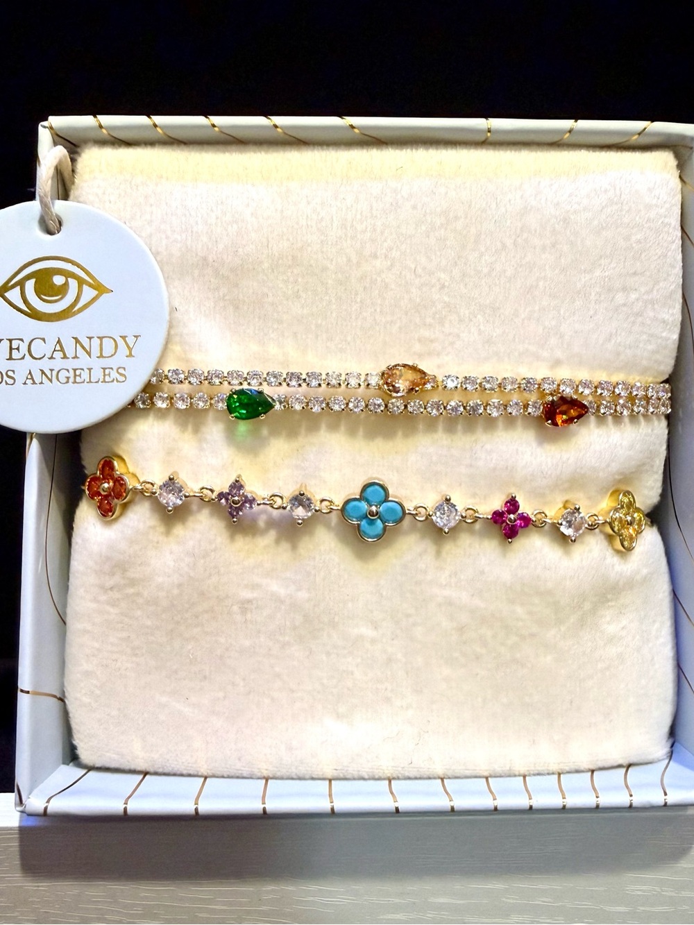NWT Eyecandy Los Angeles Gold Multicolor Crystal and Flower Bracelet Set